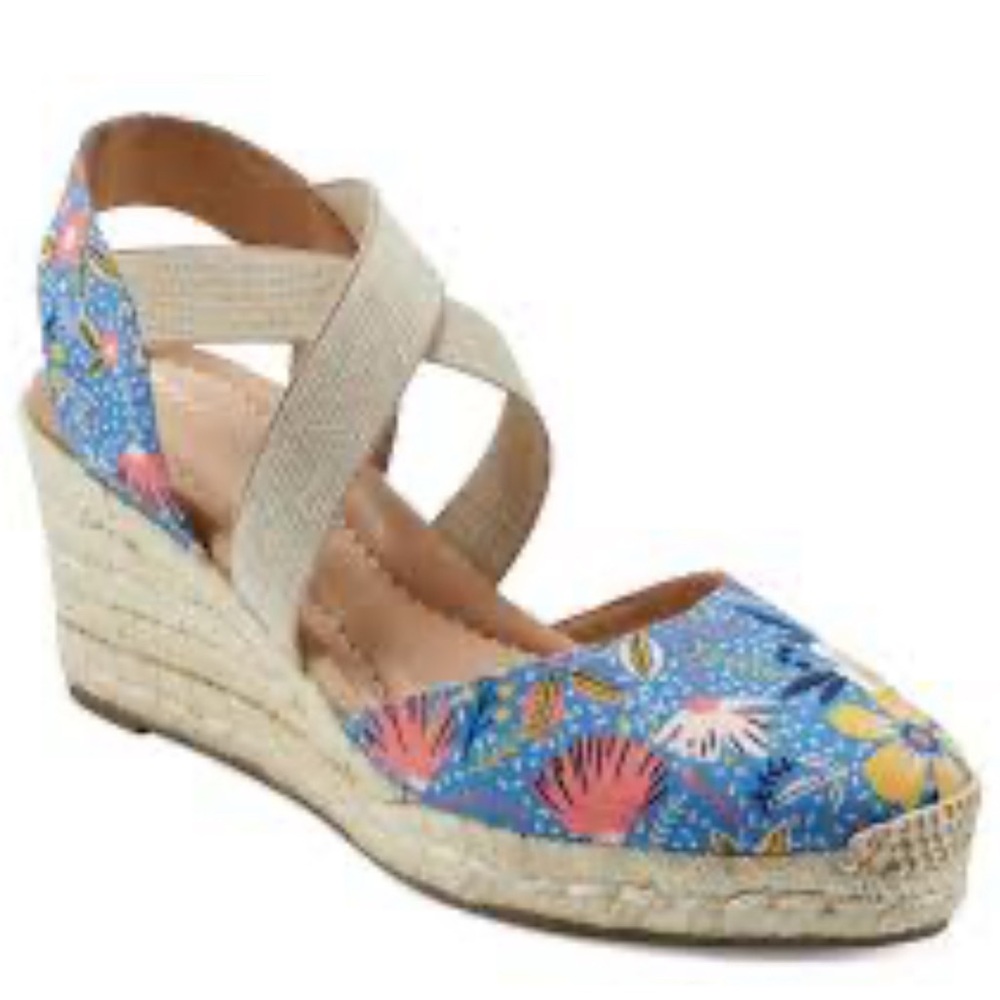 Easy Spirit Floral Espadrille Wedges - Blue and Tan